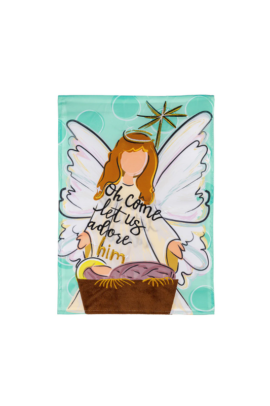 Light Gray Oh Come Let Us Adore Him Applique Garden Flag