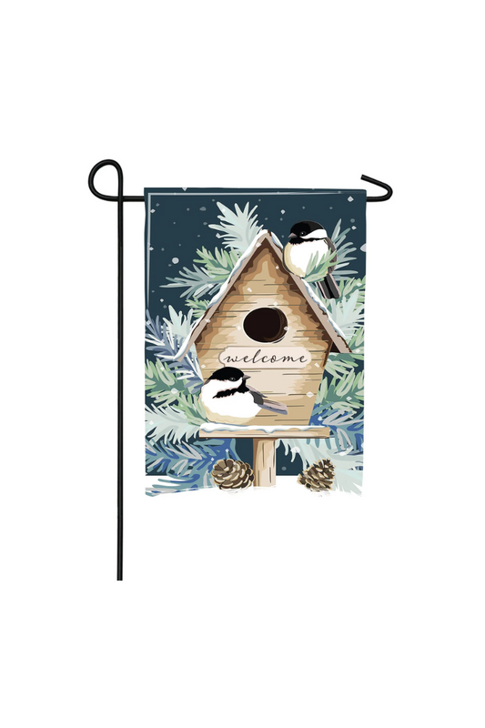 Gray Evergreen Winter Birds Welcome Applique Garden Flag