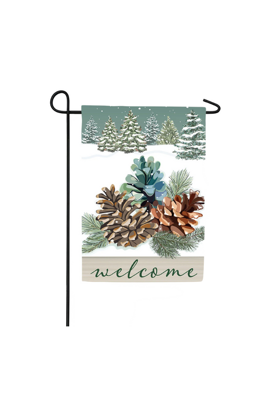 Dark Gray Evergreen Winter Pinecones Applique Garden Flag