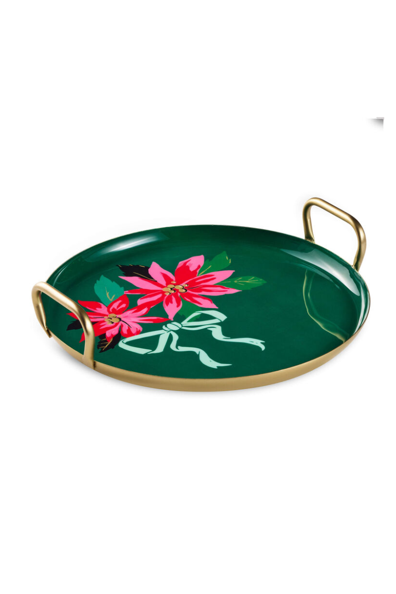 Dark Slate Gray Lacey Chabert Collection Poinsettias on Green Serving Tray, 13"
