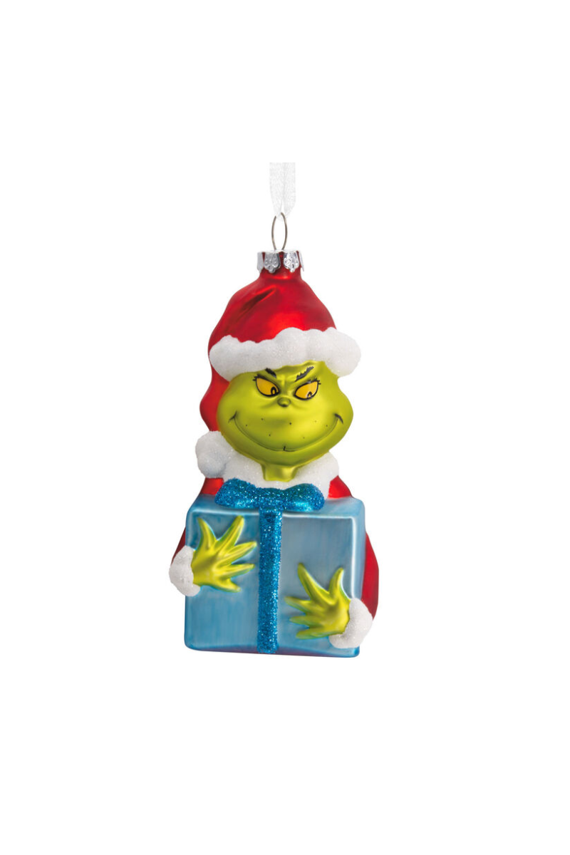 White Smoke Dr. Seuss's How the Grinch Stole Christmas!™ Grinch With Present Blown Glass Hallmark Ornament