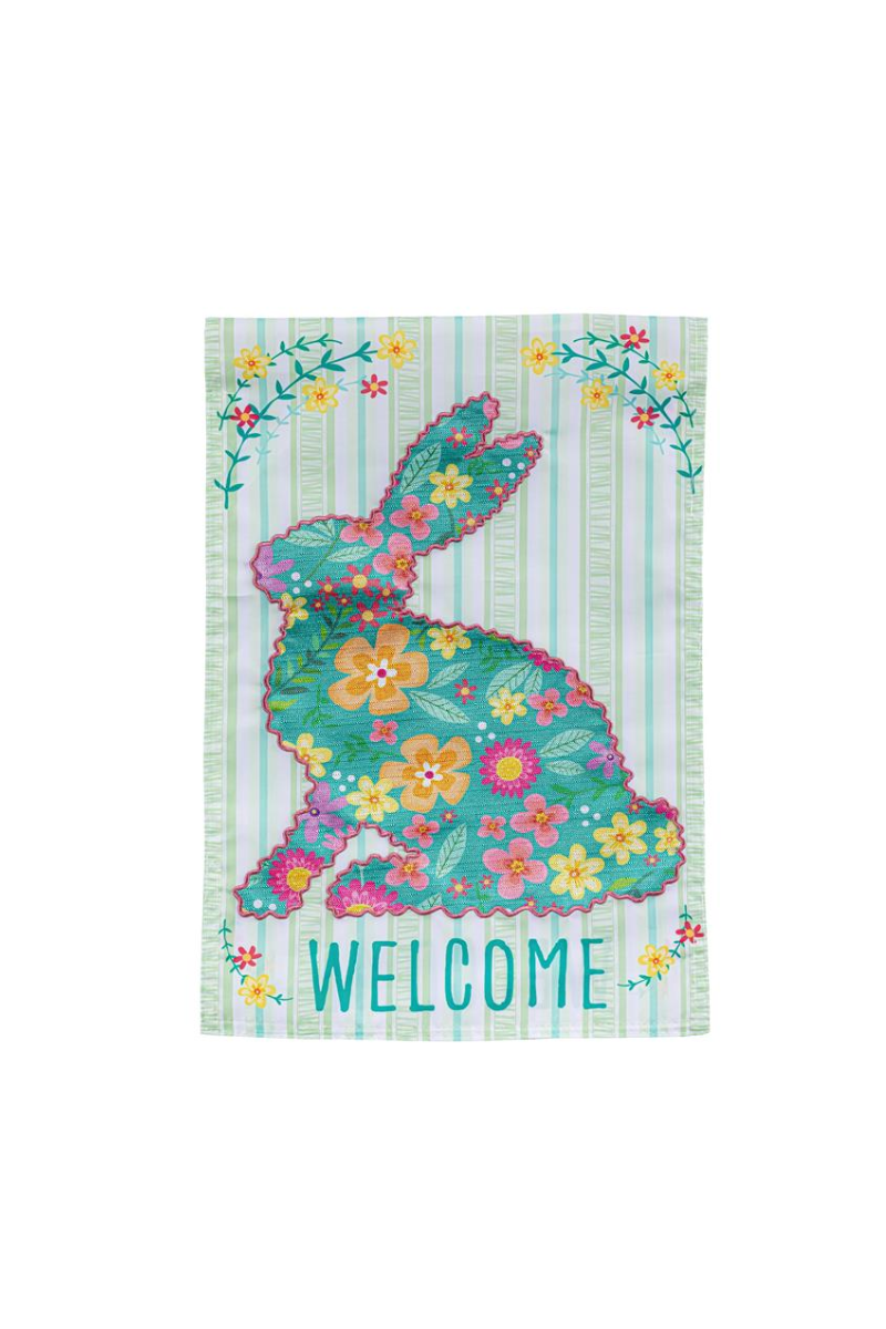 Light Gray Floral Patterned Bunny Applique Garden Flag