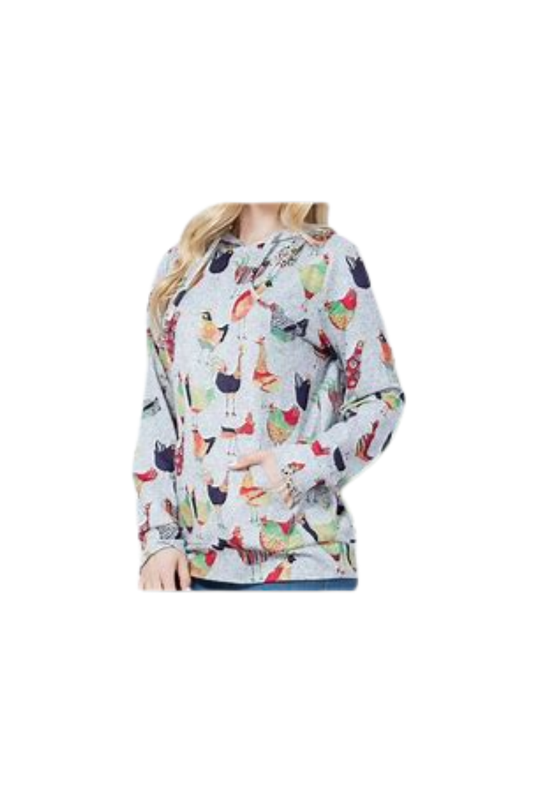 White Smoke Colorful Chicken Print Knit Hoodie