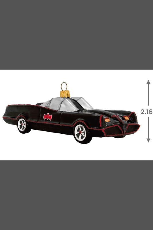 An ornament of the black and red car from Batman with arrows at the side showing that the height of the ornament is 2.16 inches.