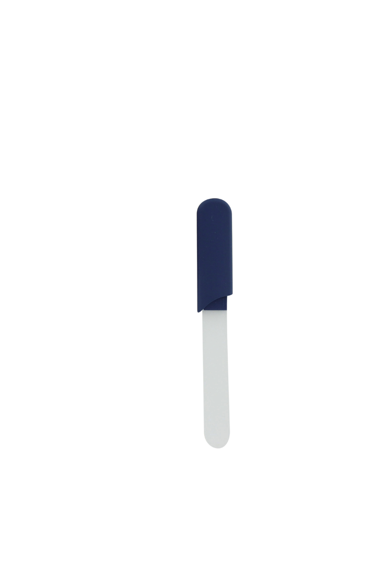 Nail file with blue handle.