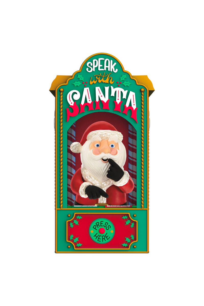 A Christmas ornament depicting a Christmas themed fortune telling kiosk with Santa as the fortune teller and the text "Speak with Santa" over the top.
