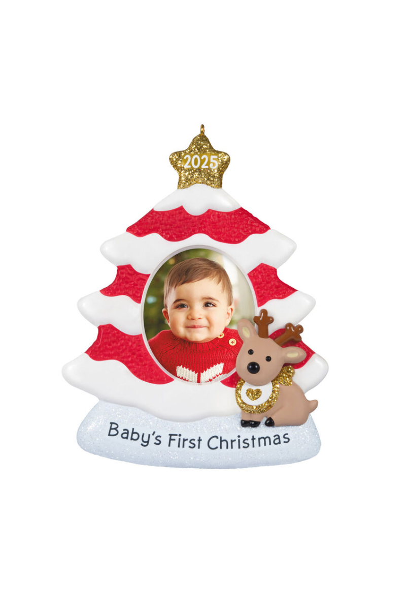 Brown 2025 Ornament - Baby's 1st Christmas Red and White Tree Photo Frame Ornament