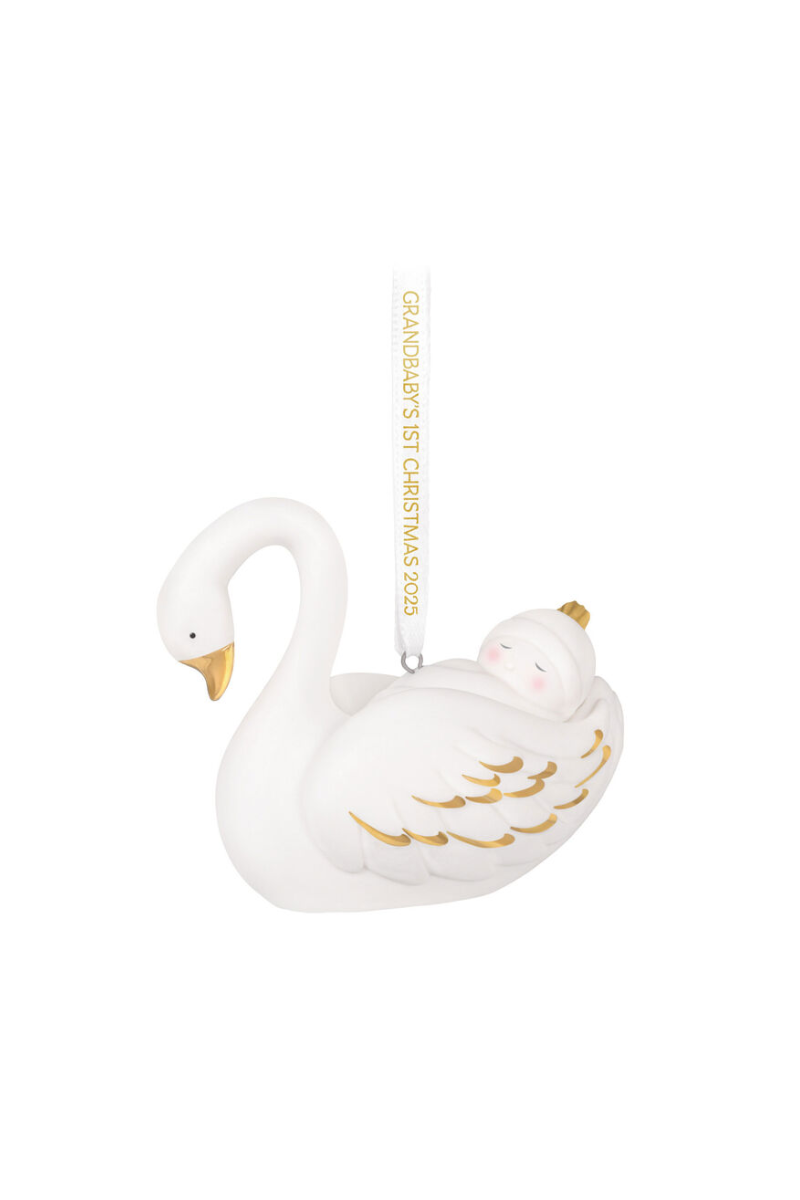 White Smoke 2025 Ornament - Grandbaby's First Christmas Swan Porcelain Ornament