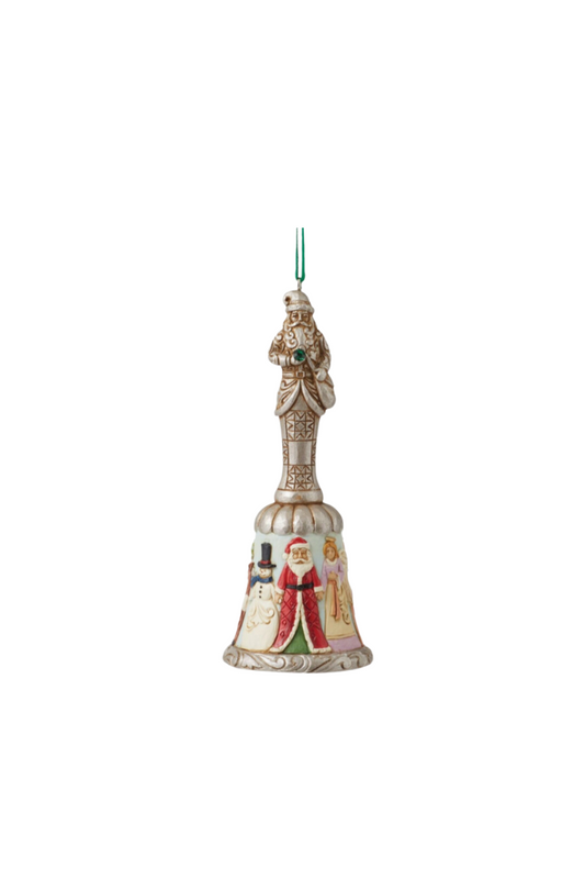 Ornament of a bell. The handle is a carving of Santa and the body of the bell depicts Santa and snowmen.