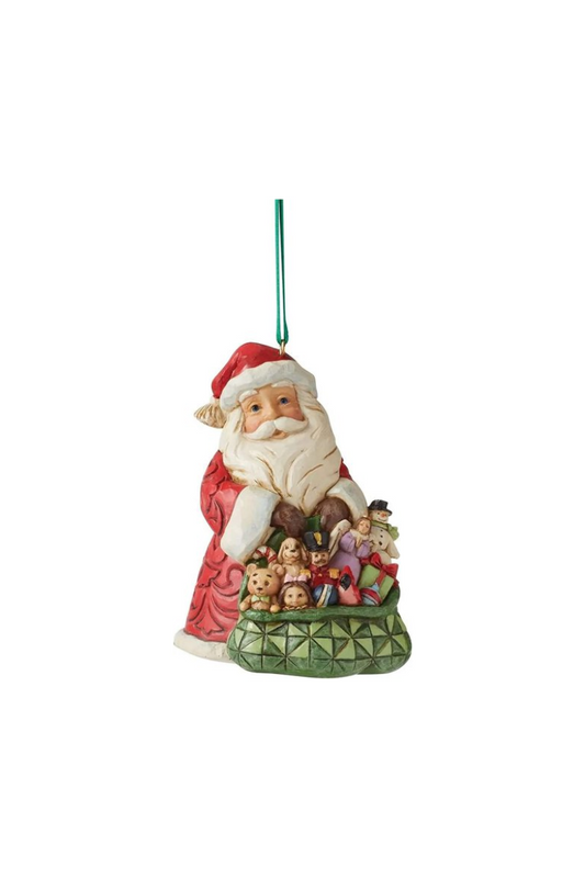 Traditional Santa ornament with holding a sack of toys.