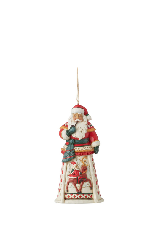 Traditional ornament of Santa wearing a robe that depicts him on a reindeer on the front. 