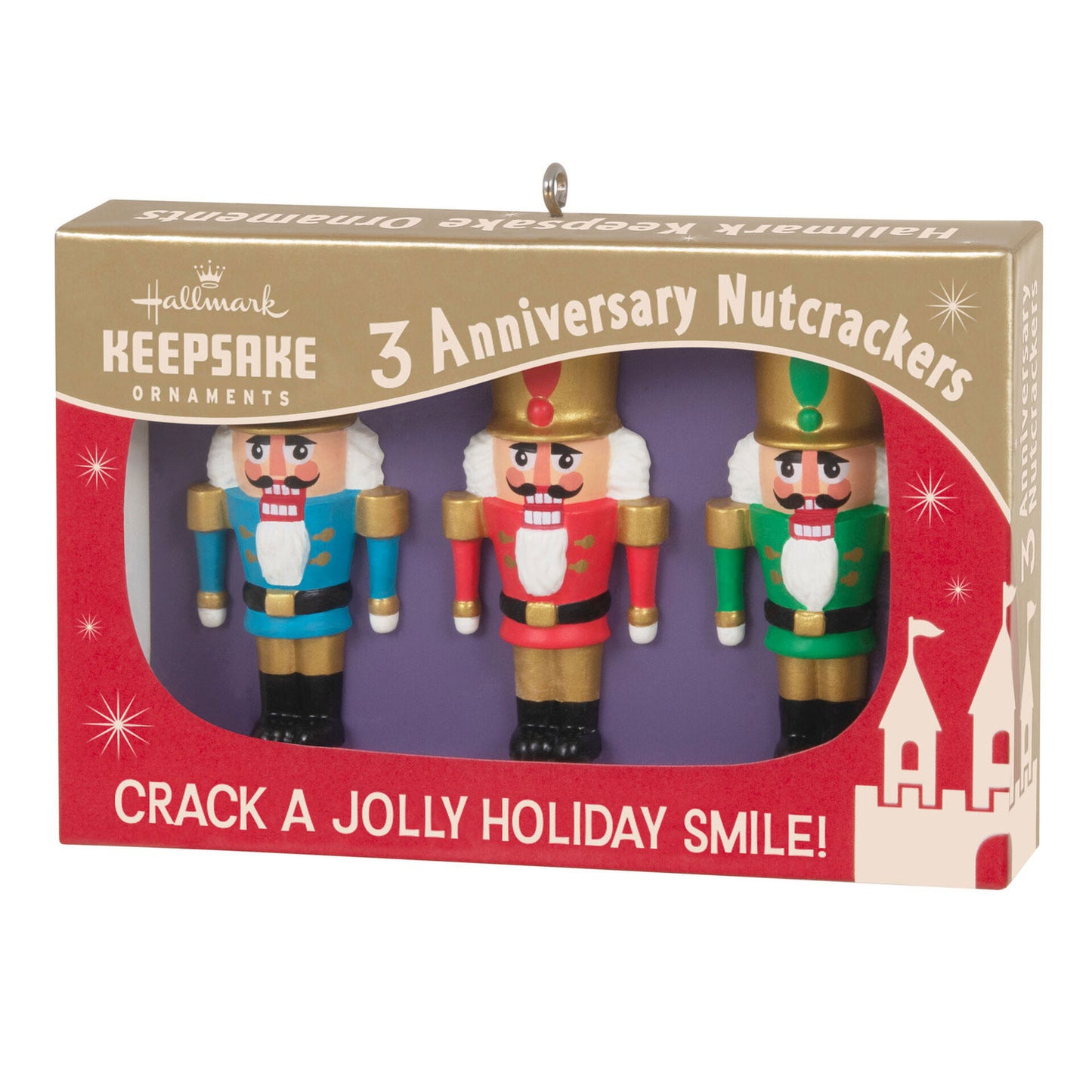 A Christmas ornament of a vintage Hallmark box of three nutcrackers.