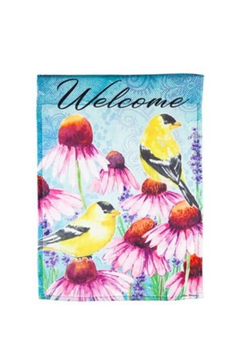 Bright Flowers and Finches Garden Textured Suede Flag