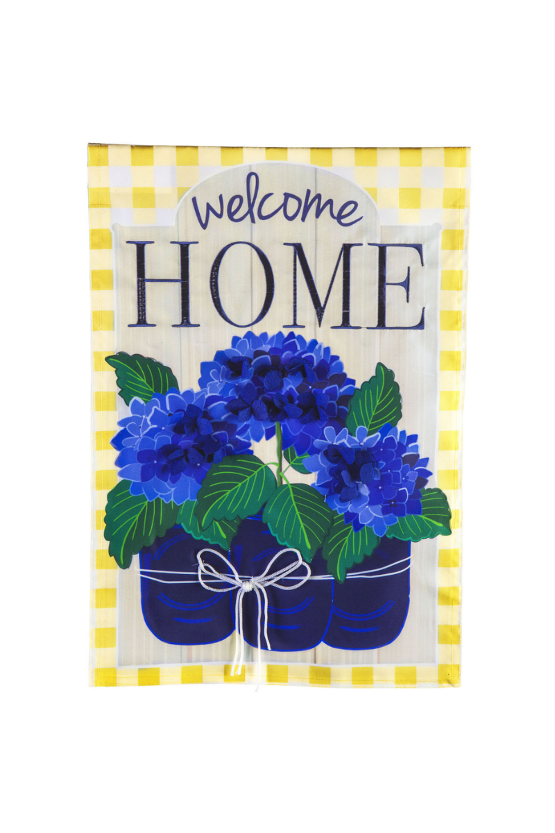Light Gray Welcome Home Hydrangeas Garden Applique Flag