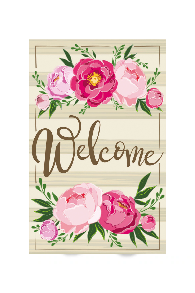 Light Gray Peony Welcome Garden Linen Flag