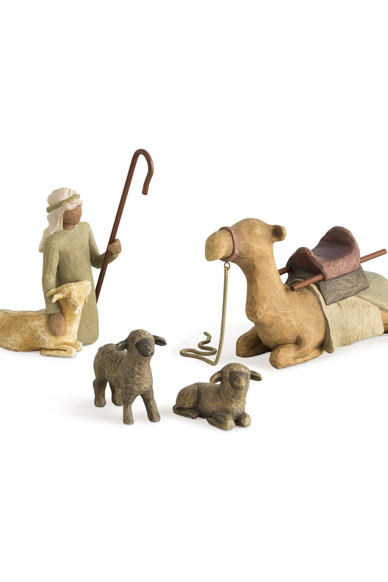 Rosy Brown Willow Tree Shepherd and Stable Animals, Sculpted Hand-Painted Nativity Figures, 4-Piece Set
