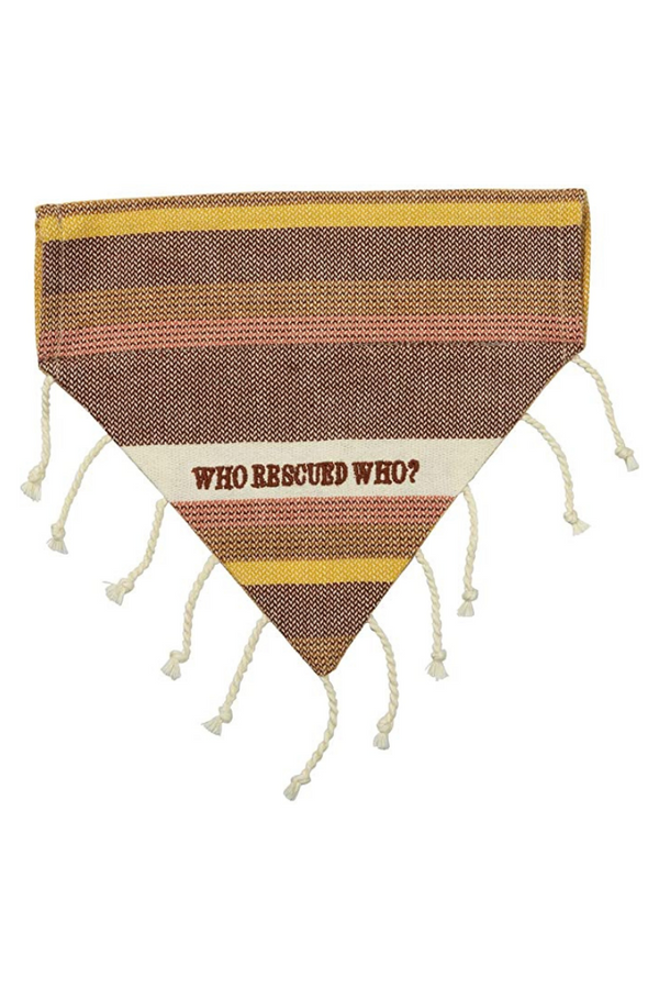 Side 1: Warm colors of gold, ivory and dk garnet. Playful string tassels on edging of bandanna. 