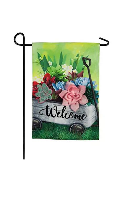 Evergreen Flag Galvanized Wagon and Succulents Linen Garden Flag